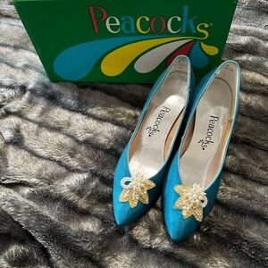 Peacock VTG Blue Embellished Beaded 90s Elegant Classic Kitten Heel Womens 5.5B